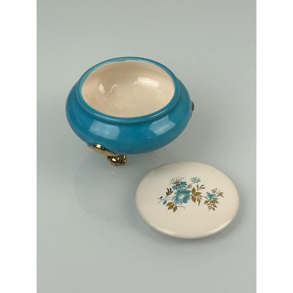 Vintage Ceramic Footed Trinket Box w/ Lid, Blue Floral PH Signed Mid-Century - Picture 8 of 13